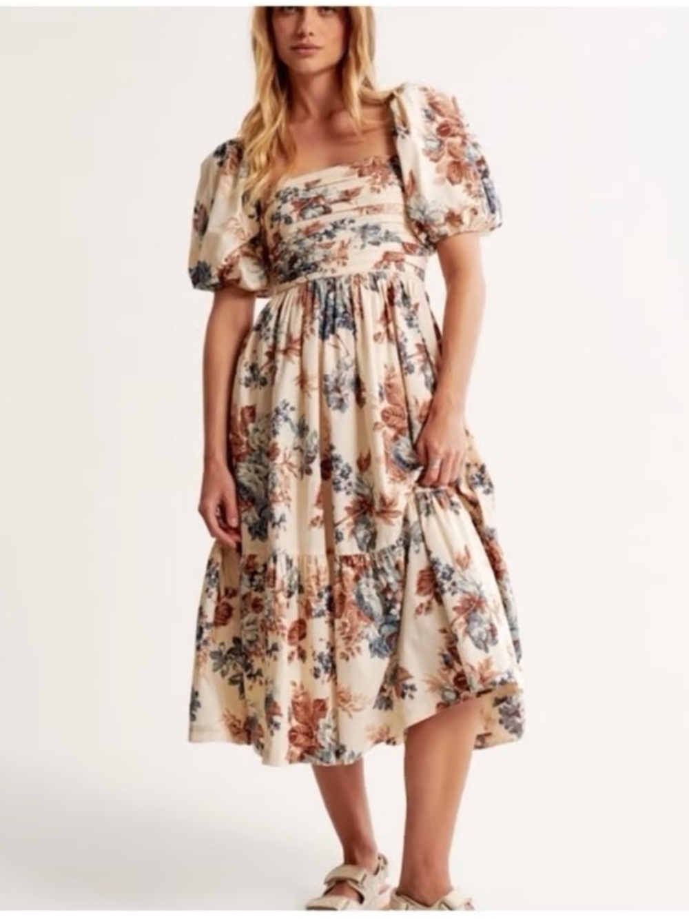Abercrombie Emerson Midi Dress in Cream with Blue & Brown Floral Size Small